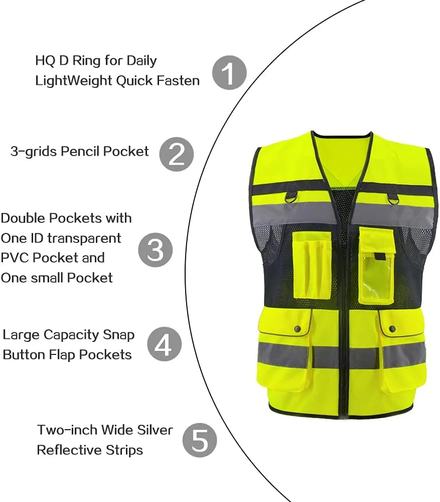 ZUJA Safety Vest High Visibility - ANSI/ISEA Standards Pockets and Mesh Lining Reflective Vest for Men & Women
