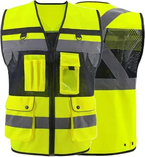ZUJA Safety Vest High Visibility - ANSI/ISEA Standards Pockets and Mesh Lining Reflective Vest for Men & Women